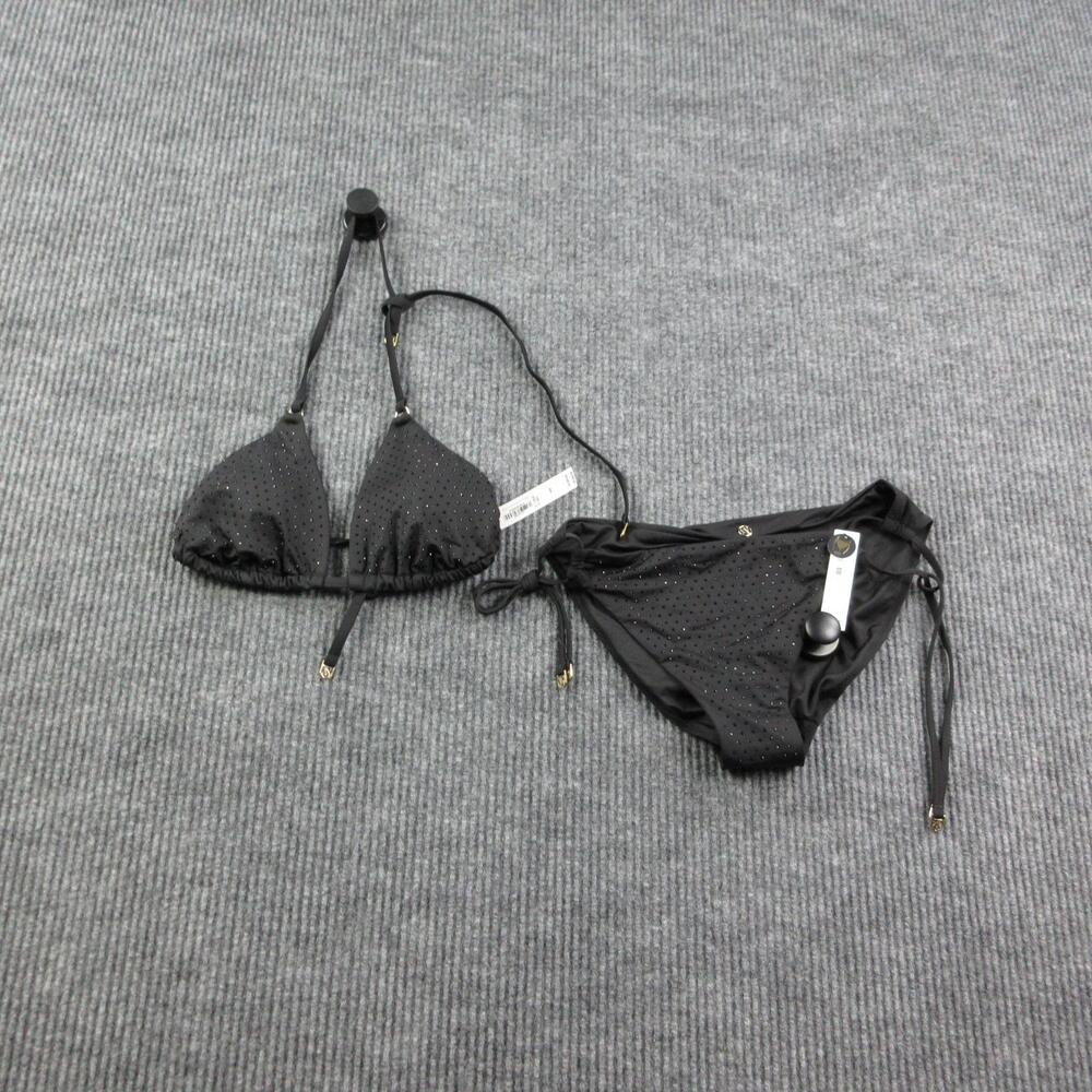 Victoria's Secret Bikini Womens M Black Triangle Halter Rhinestone Lined NWT